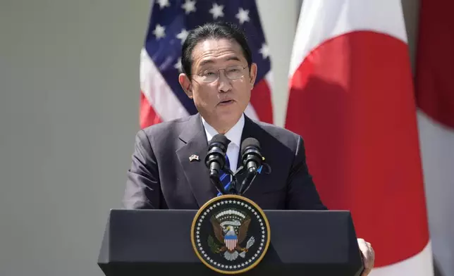 FILE - Japanese Prime Minister Fumio Kishida speaks during a news conference in the Rose Garden of the White House, April 10, 2024, in Washington. Fumio will head to Congress on Thursday, April 11, for an address to U.S. lawmakers meant to underscore the importance of keeping a strong partnership between the two countries at a time of tension in the Asia-Pacific. (AP Photo/Alex Brandon, File)