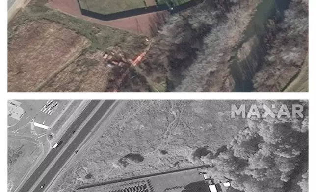 This combination of satellite images provided by Maxar Technologies shows an increase in graves at the Wagner cemetery in Bakinskaya, Russia from Dec. 10, 2021 to Sept. 25, 2023. (Maxar Technologies via AP)