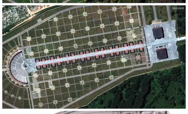 This combination of satellite images provided by Maxar Technologies and Planet Labs shows the Federal Military Memorial Cemetery in Mytishchi, Russia on Oct. 7, 2021; June 19, 2023 and March 3, 2024, with an increasing number of graves. (Maxar Technologies, Planet Labs via AP)