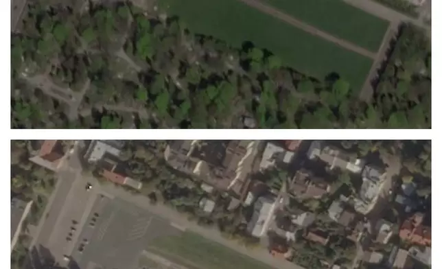 This combination of photos provided by Planet Labs shows the Field of Mars war memorial outside of Lviv, Ukraine on May 5, 2022, top, and with graves added, seen on Oct. 18, 2023. (Planet Labs via AP)