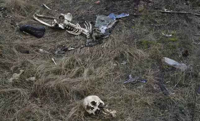 FILE - The remains of a Russian soldier lies abandoned in Sviatohirsk, Donetsk region, Ukraine, Wednesday, Dec. 21, 2022. (AP Photo/Andriy Andriyenko, File)