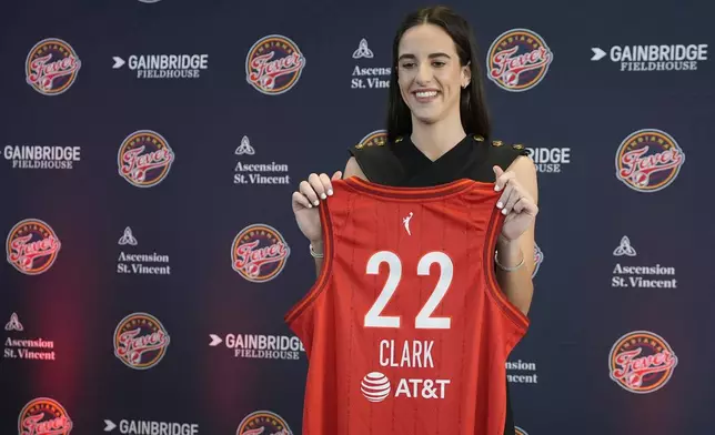 Indiana Fever's Caitlin Clark holds her jersey following a WNBA basketball news conference, Wednesday, April 17, 2024, in Indianapolis. (AP Photo/Darron Cummings)