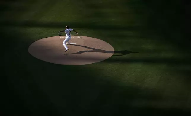 San Diego Padres starting pitcher Randy Vazquez works against a Toronto Blue Jays batter during the first inning of a baseball game, Saturday, April 20, 2024, in San Diego. (AP Photo/Gregory Bull)