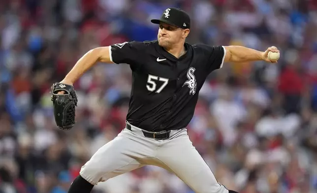 Chicago White Sox's Tanner Banks pitches during the fifth inning of a baseball game against the Philadelphia Phillies, Saturday, April 20, 2024, in Philadelphia. (AP Photo/Matt Slocum)