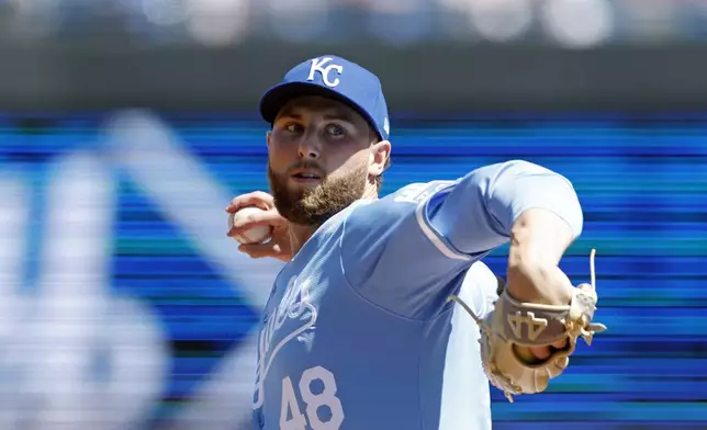 Kansas City Royals pitcher Alec Marsh delivers from the mound during the first inning of a baseball game against the Chicago White Sox in Kansas City, Mo., Sunday, April 7, 2024. (AP Photo/Colin E. Braley)