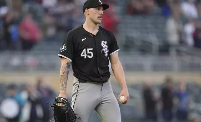 Chicago White Sox starting pitcher Garrett Crochet stands on the mound after a three-run home run by Minnesota Twins' Willi Castro during the second inning of a baseball game Wednesday, April 24, 2024, in Minneapolis. (AP Photo/Abbie Parr)