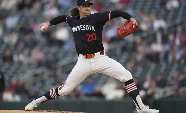 Minnesota Twins starting pitcher Chris Paddack delivers during the second inning of a baseball game against the Chicago White Sox, Monday, April 22, 2024, in Minneapolis. (AP Photo/Abbie Parr)