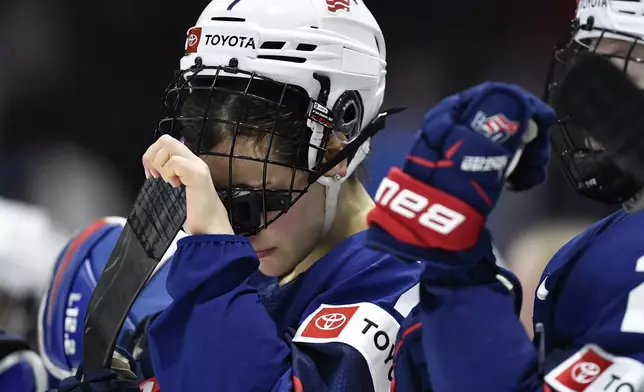 United States forward Lacey Eden reacts after the team's loss to Canada in the final at the IIHF Women's World Hockey Championships in Utica, N.Y., Sunday, April 14, 2024. (AP Photo/Adrian Kraus)