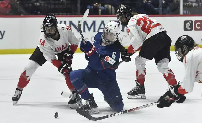 United States' Rory Guilday, center, tries to shoot as she is defended by Canada's Renata Fast, left, and forward Emily Clark during the second period in the final at the women's world hockey championships in Utica, N.Y., Sunday, April 14, 2024. (AP Photo/Adrian Kraus)