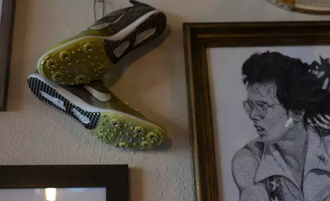 An image depicting tennis legend Billie Jean King is displayed at The Sports Bra sports bar on Thursday, April 25, 2024, in Portland, Ore. (AP Photo/Jenny Kane)