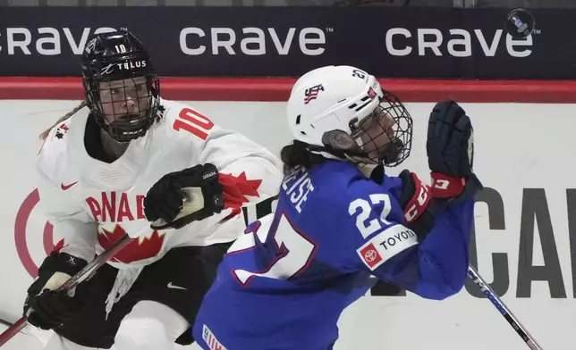 United States' Taylor Heise (27) reaches for the puck as Canada's Sarah Fillier (10) looks on during the second period of a hockey game at the IIHF Women's World Hockey Championship in Utica, N.Y., Monday, April 8, 2024. (Christinne Muschi/The Canadian Press via AP)