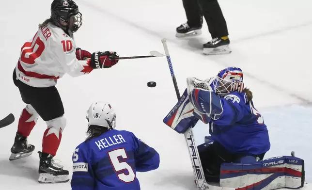 United States goaltender Aerin Frankel (31) makes a save as Canada's Sarah Fillier (10) looks for the rebound during the first period of a hockey game at the IIHF Women's World Hockey Championship in Utica, N.Y., Monday, April 8, 2024. (Christinne Muschi/The Canadian Press via AP)
