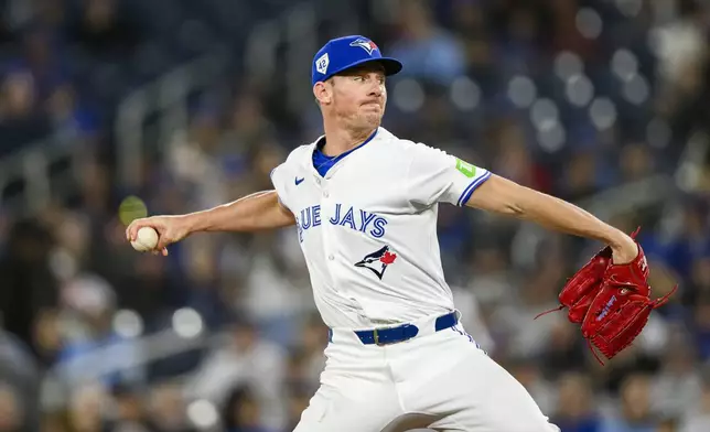 Toronto Blue Jays pitcher Chris Bassitt throws the ball during first inning MLB baseball action against the New York Yankees in Toronto on Monday, April 15, 2024. THE CANADIAN PRESS/Christopher Katsarov/The Canadian Press via AP)