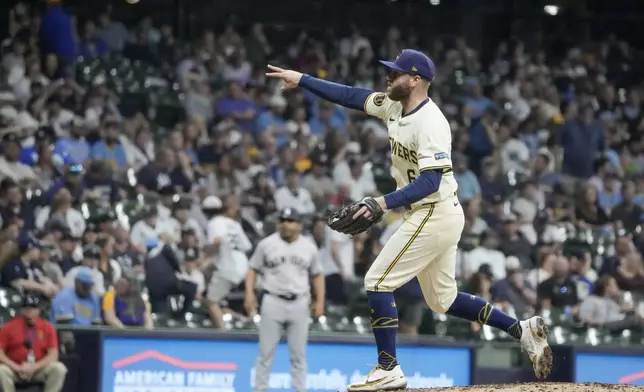 Milwaukee Brewers' Owen Miller throws during the eighth inning of a baseball game against the New York Yankees Saturday, April 27, 2024, in Milwaukee. (AP Photo/Morry Gash)