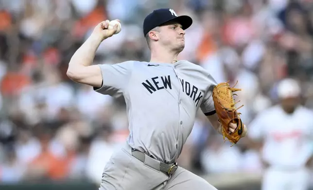 New York Yankees starting pitcher Clarke Schmidt throws during the second inning of a baseball game against the Baltimore Orioles, Monday, April 29, 2024, in Baltimore. (AP Photo/Nick Wass)