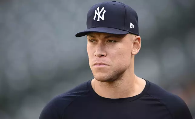 New York Yankees left fielder Aaron Judge looks on before a baseball game against the Baltimore Orioles, Monday, April 29, 2024, in Baltimore. (AP Photo/Nick Wass)
