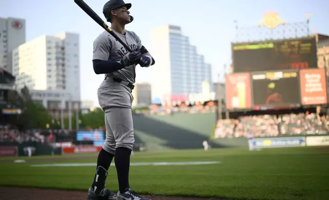 New York Yankees' Aaron Judge warms up before a baseball game against the Baltimore Orioles, Monday, April 29, 2024, in Baltimore. (AP Photo/Nick Wass)