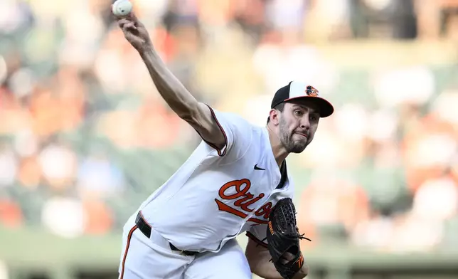 Baltimore Orioles starting pitcher Grayson Rodriguez throws during the first inning of a baseball game against the New York Yankees, Monday, April 29, 2024, in Baltimore. (AP Photo/Nick Wass)
