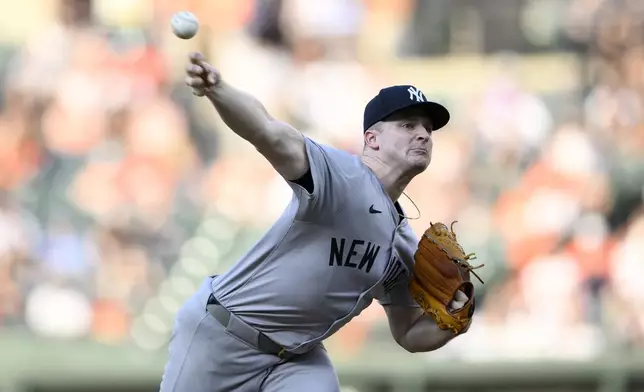 New York Yankees starting pitcher Clarke Schmidt throws during the first inning of a baseball game against the Baltimore Orioles, Monday, April 29, 2024, in Baltimore. (AP Photo/Nick Wass)