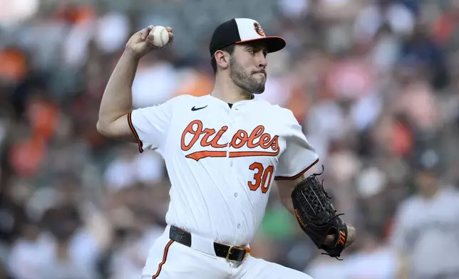 Baltimore Orioles starting pitcher Grayson Rodriguez. throws during the second inning of a baseball game against the New York Yankees, Monday, April 29, 2024, in Baltimore. (AP Photo/Nick Wass)