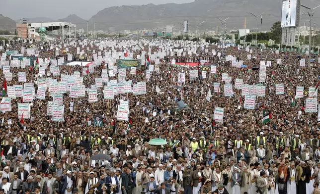 Thousands of Houthi supporters take part at a rally against the U.S. and Israel and to support Palestinians in the Gaza Strip, in Sanaa, Yemen, Friday, April. 26, 2024. (AP Photo/Osamah Abdulrahman)