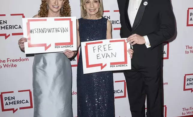 From left to right, Suzanne Nossel, Andrea Mitchell and Almar Latour attend the PEN America Literary Gala at the American Museum of Natural History, Thursday, May 16, 2024, in New York. (Photo by Christopher Smith/Invision/AP)