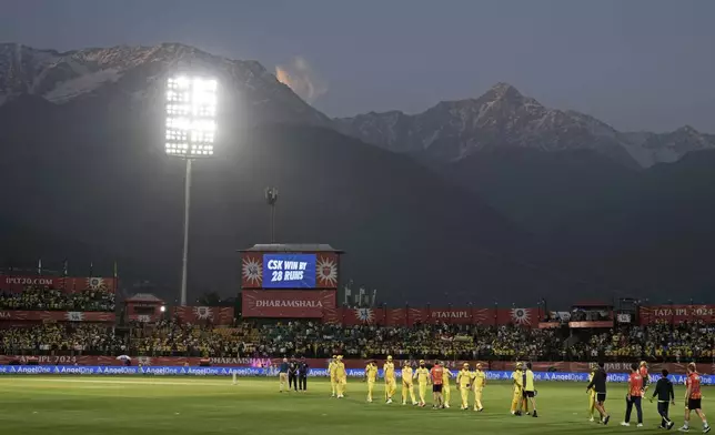 Chennai Super Kings' players leave the ground after winning their Indian Premier League cricket match against Punjab Kings in Dharamshala, India, Sunday, May 5, 2024. (AP Photo /Ashwini Bhatia)