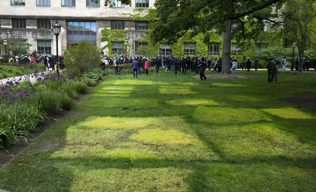 Pro-Palestinian protesters return to the University of Chicago's quad outside Levi Hall as as a patchwork of dying grass mark the locations of tents in an encampment that was dismantled in the pre-dawn hours by university police Tuesday, May 7, 2024, in Chicago. (AP Photo/Charles Rex Arbogast)