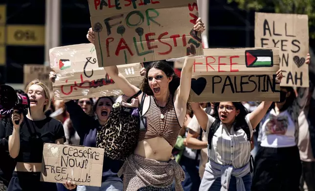 Pro-Palestinian Pasadena City College students walk out of class as they demonstrate against the Israel-Hamas war in Pasadena, Calif., on Tuesday, April 30, 2024. (Sarah Reingewirtz/The Orange County Register via AP)