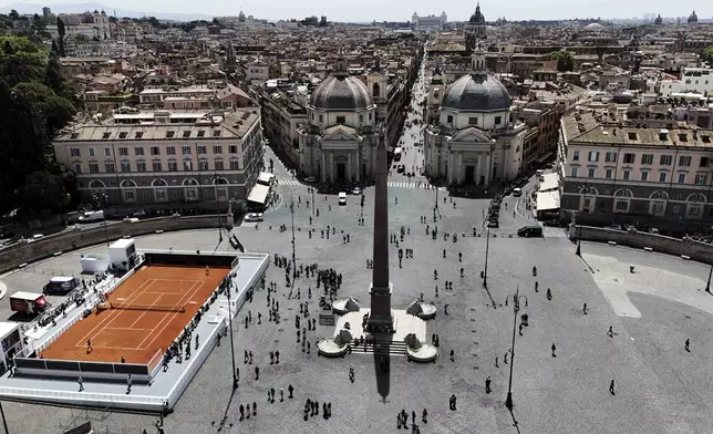 A view of the tennis court set up in Rome's Piazza del Popolo, Tuesday, April 30, 2024 ahead of the Italian tennis open tournament scheduled to start on May 6 at the Foro Italico. (Alfredo Falcone/LaPresse via AP)