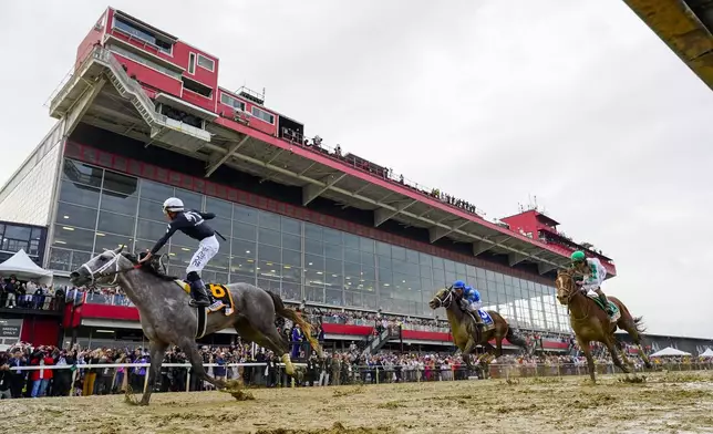 Jaime Torres, left, atop Seize The Grey, reacts after edging out Flavien Prat, center, atop Catching Freedom, and Brian Hernandez, Jr., right, atop Mystik Dan, to win the Preakness Stakes horse race at Pimlico Race Course, Saturday, May 18, 2024, in Baltimore. (AP Photo/Julio Cortez)