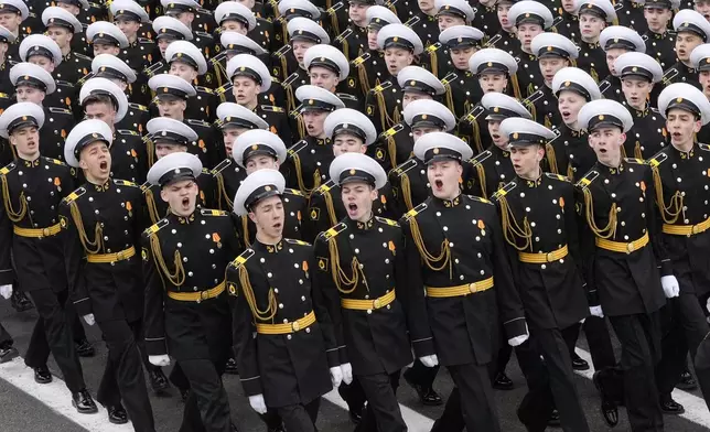 Russian Navy cadets march during a rehearsal for the Victory Day military parade at Dvortsovaya (Palace) Square in St. Petersburg, Russia, Sunday, May 5, 2024. The parade will take place at St. Petersburg's Palace Square on May 9 to celebrate 79 years since the victory in WWII. (AP Photo/Dmitri Lovetsky)