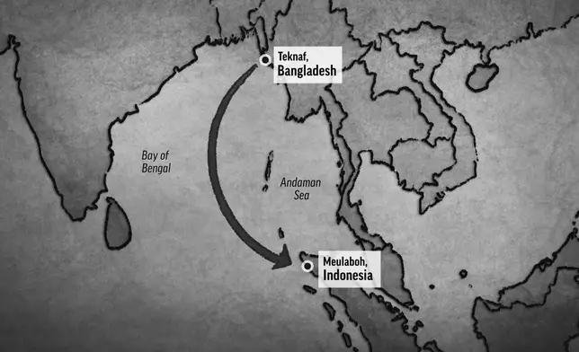 An illustrated map showing a general boat route. The Rohingya refugees left from Teknaf, Bangladesh, and their small boat eventually capsized off Indonesia. (AP Illustration)