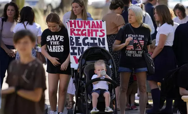 Anti-abortion supporters stand outside the Capitol, Wednesday, May 1, 2024, in Phoenix. (AP Photo/Matt York)