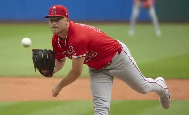 Los Angeles Angels starting pitcher Reid Detmers delivers against the Cleveland Guardians during the first inning of a baseball game in Cleveland Saturday, May 4, 2024. (AP Photo/Phil Long)