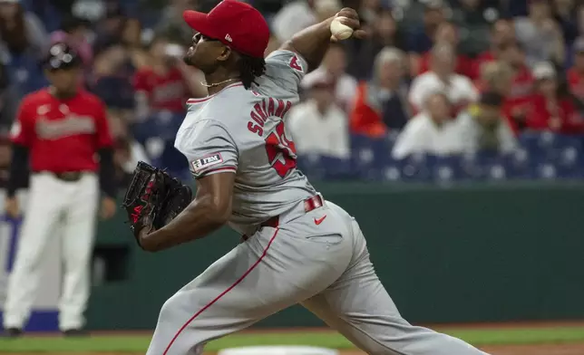 Los Angeles Angels starting pitcher Jose Soriano delivers against the Cleveland Guardians during the fifth inning of a baseball game in Cleveland Friday, May 3, 2024. (AP Photo/Phil Long)
