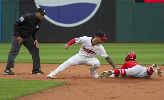 Cleveland Guardians' Brayan Rocchio, center, is late with a tag as Los Angeles Angels' Zach Neto, right, steals second base and umpire Jeremie Rehak watches during the fifth inning of a baseball game in Cleveland, Saturday, May 4, 2024. (AP Photo/Phil Long)