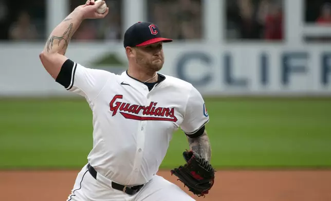 Cleveland Guardians starting pitcher Ben Lively delivers against the Los Angeles Angels during the first inning of a baseball game in Cleveland Saturday, May 4, 2024. (AP Photo/Phil Long)