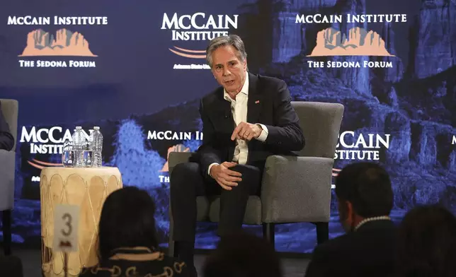 U.S. Secretary of State Antony Blinken talks at the McCain Institute's Sedona Forum in Sedona, Ariz., Friday, May 3, 2024. (AP Photo/Jake Bacon)