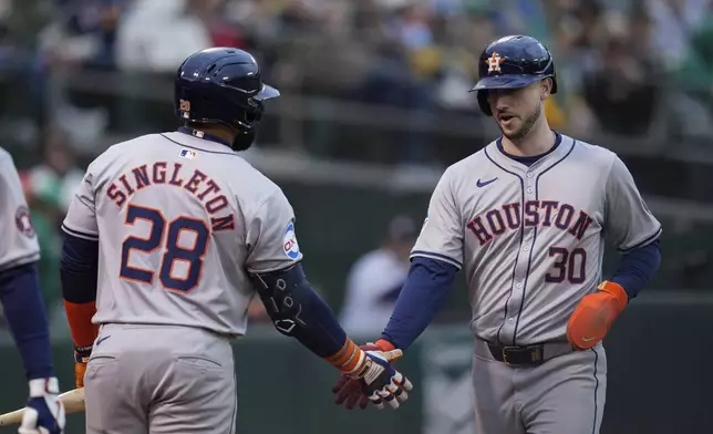 Houston Astros' Kyle Tucker, right, is congratulated by Jon Singleton after scoring against the Oakland Athletics on Alex Bregman's single during the fourth inning of a baseball game Friday, May 24, 2024, in Oakland, Calif. (AP Photo/Godofredo A. Vásquez)