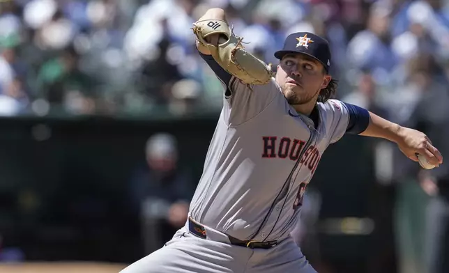 Houston Astros pitcher Parker Mushinski throws to an Oakland Athletics batter during the seventh inning of a baseball game Saturday, May 25, 2024, in Oakland, Calif. (AP Photo/Godofredo A. Vásquez)