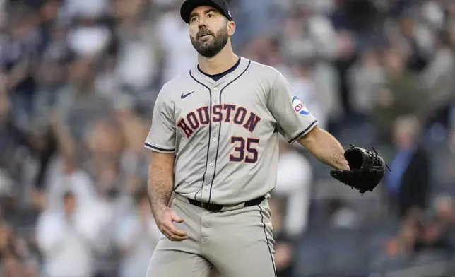 Houston Astros pitcher Justin Verlander (35) reacts after New York Yankees' Alex Verdugo hit a three-run home run during the first inning of a baseball game, Tuesday, May 7, 2024, in New York. (AP Photo/Frank Franklin II)