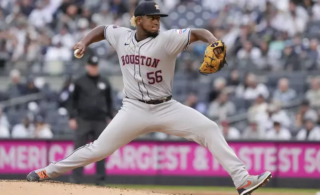 Houston Astros' Ronel Blanco pitches during the first inning of a baseball game against the New York Yankees, Thursday, May 9, 2024, in New York. (AP Photo/Frank Franklin II)