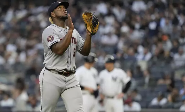Houston Astros pitcher Ronel Blanco gestures as he leaves during the sixth inning of the team's baseball game against the New York Yankees, Thursday, May 9, 2024, in New York. (AP Photo/Frank Franklin II)