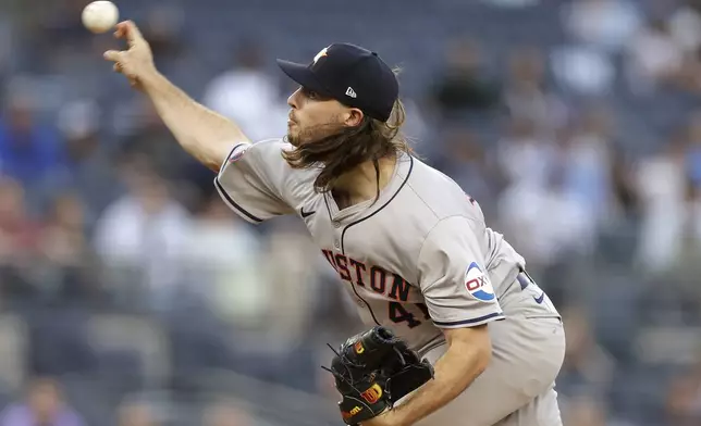 Houston Astros pitcher Spencer Arrighetti throws to a New York Yankees batter during the first inning of a baseball game Wednesday, May 8, 2024, in New York. (AP Photo/Adam Hunger)