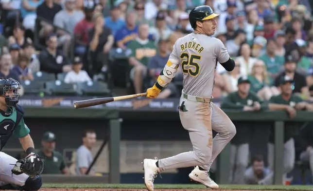 Oakland Athletics' Brent Rooker (25) follows through on an RBI single next to Seattle Mariners catcher Cal Raleigh during the third inning of a baseball game, Saturday, May 11, 2024, in Seattle. (AP Photo/Jason Redmond)