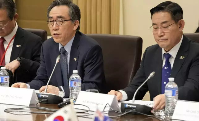 South Korea's Minister of Foreign Affairs, Cho Tae-yul, left, is alongside South Korea's National Defense Minister Shin Won-sik during an Australia and South Korea Foreign and Defence Ministers meeting in Melbourne, Australia, Wednesday, May 1, 2024. (Asanka Brendon Ratnayake/Pool Photo via AP)