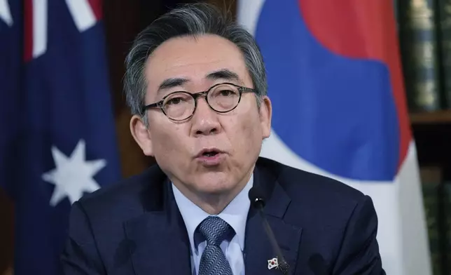 South Korean Foreign Minister Cho Tae-yul speaks during a joint press conference following an Australia and South Korea Foreign and Defence Ministers meeting in Melbourne, Australia, Wednesday, May 1, 2024. (Asanka Brendon Ratnayake/Pool Photo via AP)