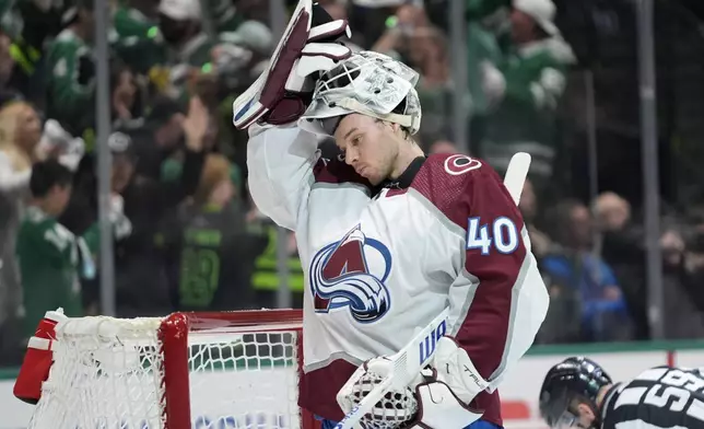 Colorado Avalanche goaltender Alexandar Georgiev stands by the net after Dallas Stars' Wyatt Johnston scored in the first period in Game 2 of an NHL hockey Stanley Cup second-round playoff series in Dallas, Tuesday, May 7, 2024. (AP Photo/LM Otero)