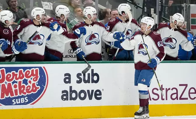 Colorado Avalanche left wing Artturi Lehkonen (62) skates by his bench after scoring a power play goal against the Dallas Stars during the first period in Game 5 of an NHL hockey Stanley Cup second-round playoff series, Wednesday, May 15, 2024, in Dallas. (AP Photo/Tony Gutierrez)